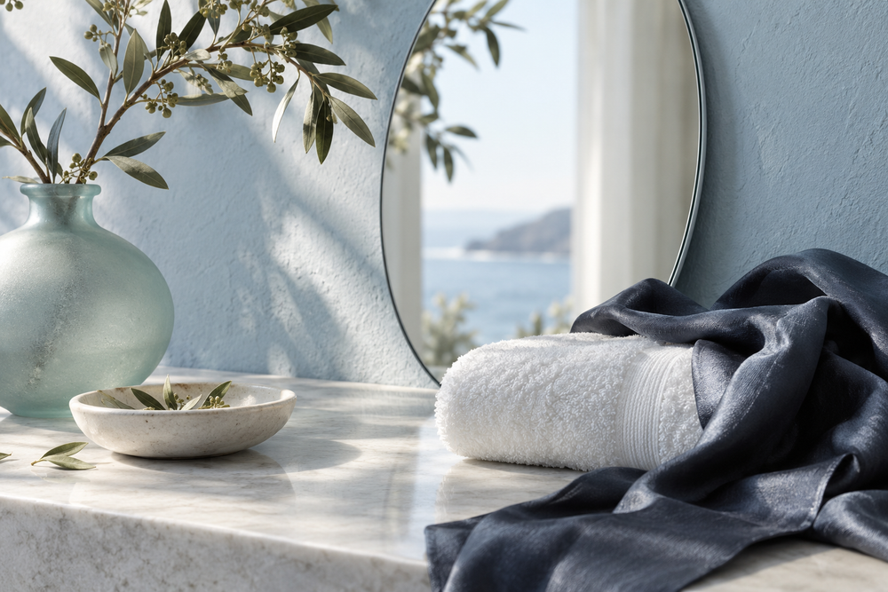 Satin anthracite, serviette blanche et miroir dans une ambiance bleu et menthe