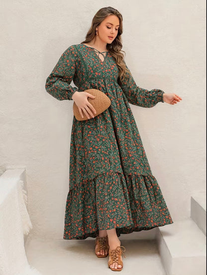 Robe Maxi Fleurie à Manches Longues
