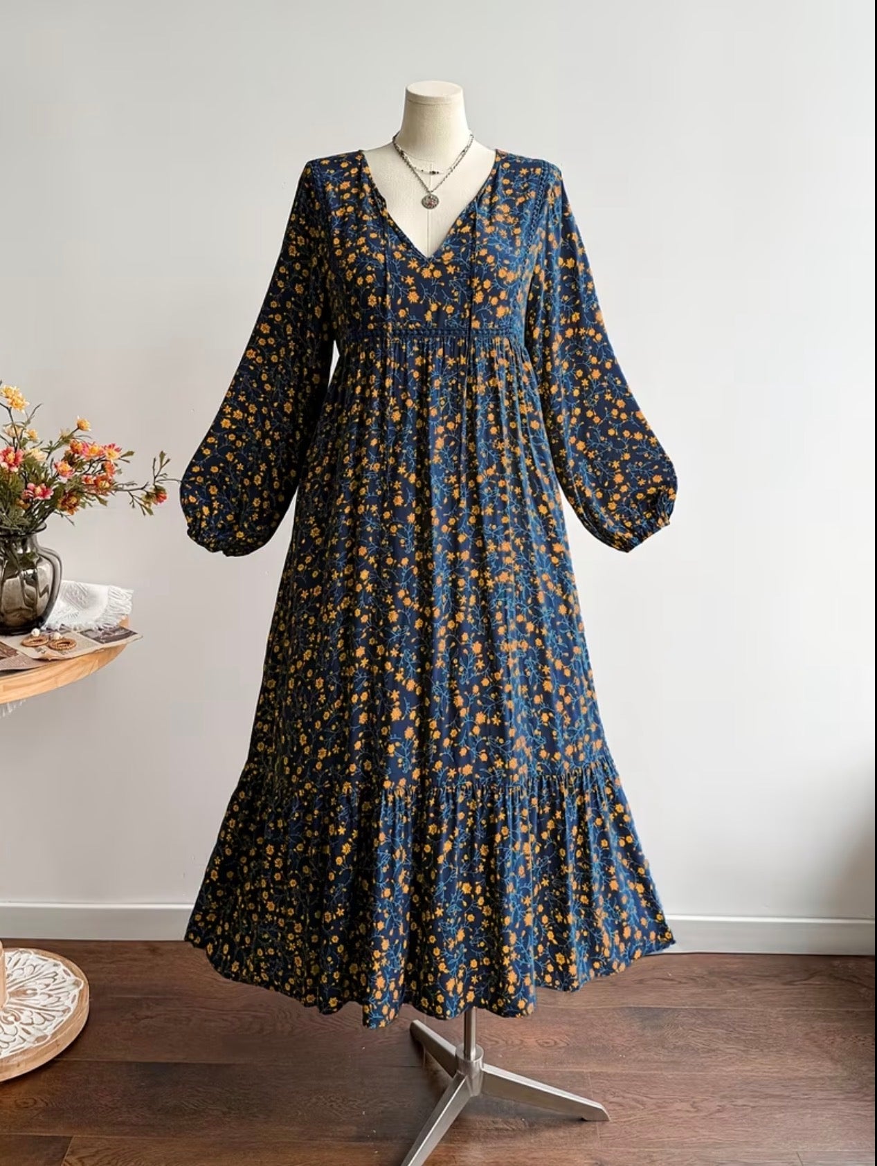 Robe Maxi Fleurie à Manches Longues