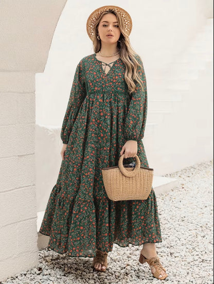 Robe Maxi Fleurie à Manches Longues