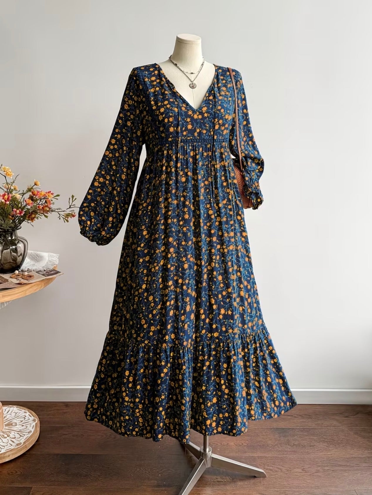 Robe Maxi Fleurie à Manches Longues