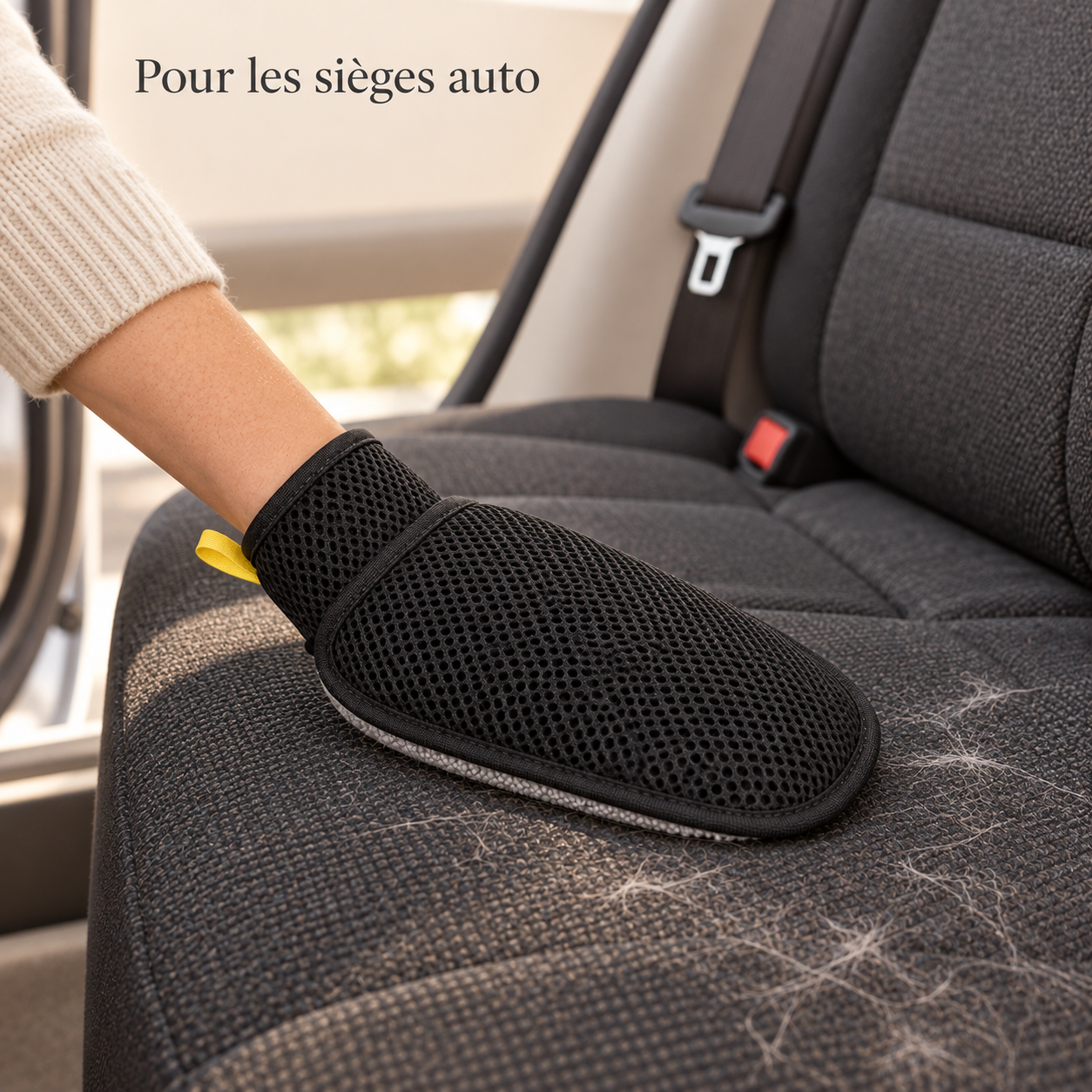 Utilisation du gant anti-poils sur un siège de voiture en tissu