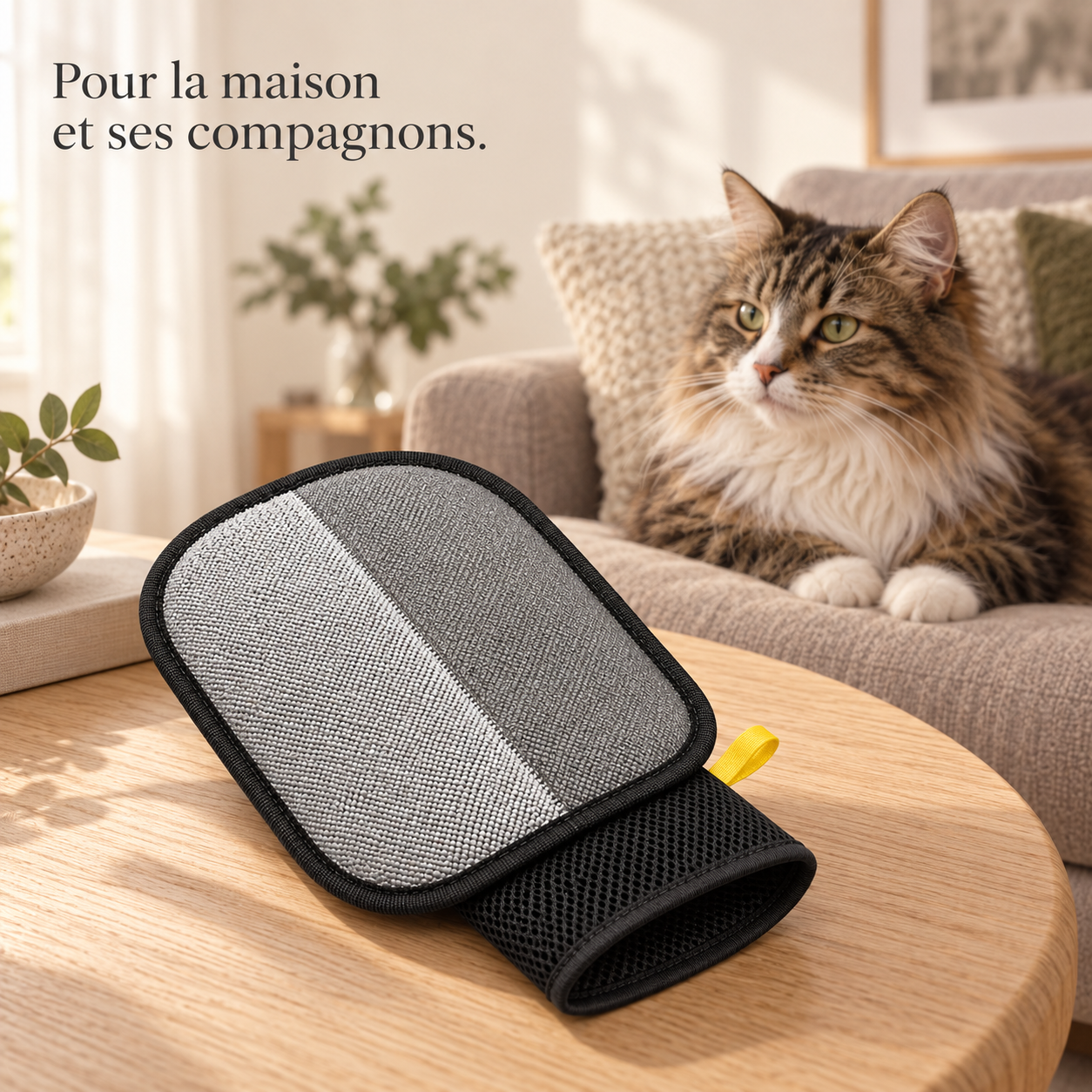 Gant anti-poils dans un salon avec un chat