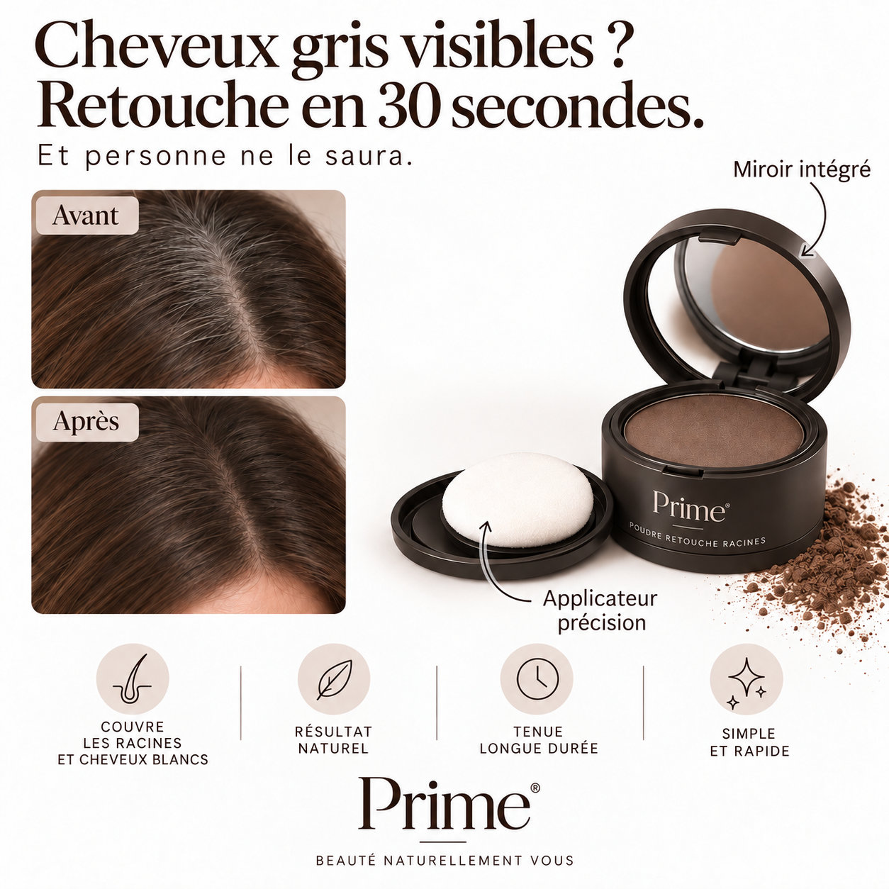 Prime poudre retouche racines - avant après cheveux gris